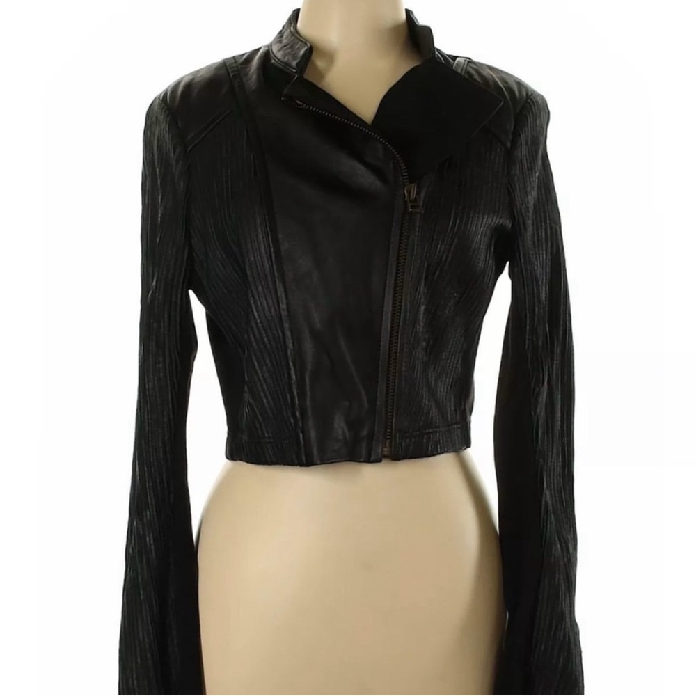 ISO   Bebe cropped black striped leather jacket